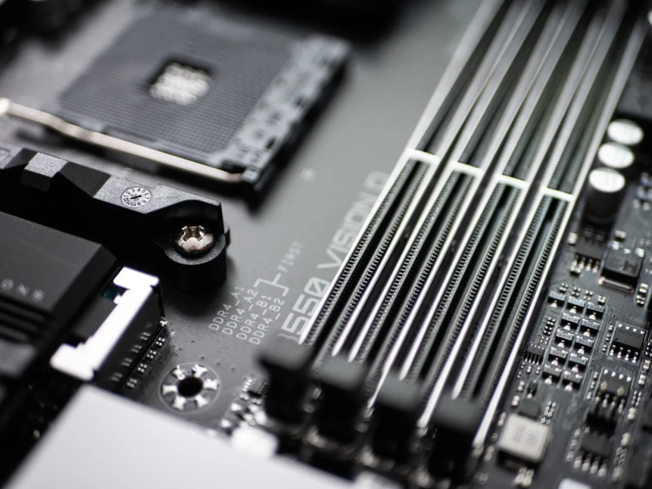Close-up of RAM slots on a computer motherboard
