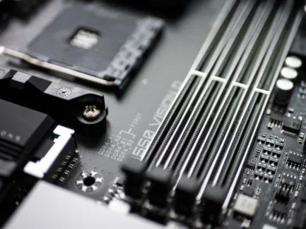Close-up of RAM slots on a computer motherboard